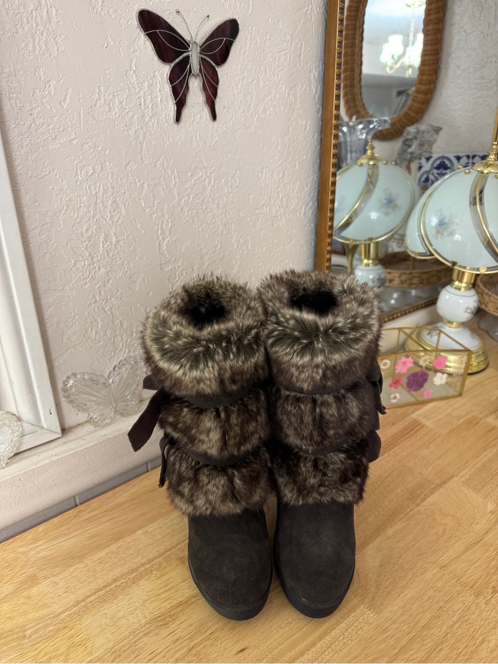 2000’s BEARPAW Brown Faux Fur Suede Chunky Heel Boots Size 5 Whimsigoth Y2K - Picture 4 of 13